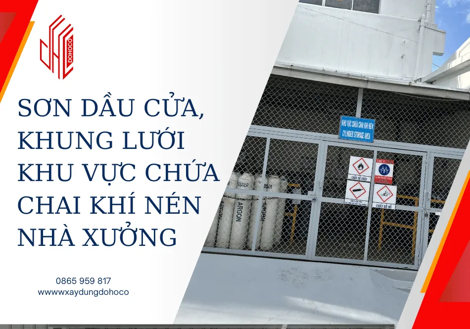 Sơn dầu cửa, khung lưới khu vực chứa chai khí nén nhà xưởng