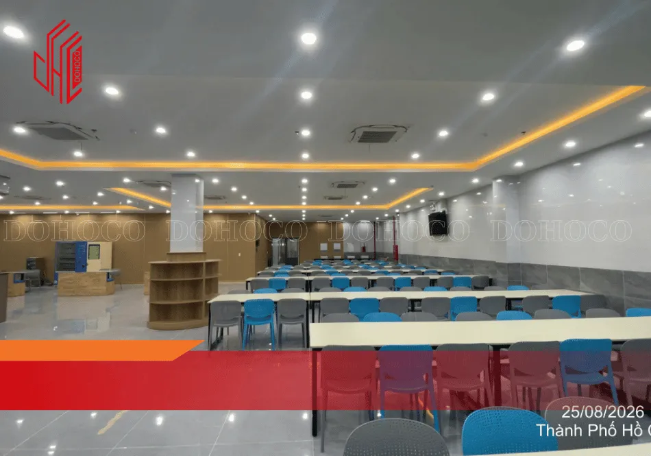  Lắp đặt trần thạch cao và hệ thống đèn chiếu sáng khu vực phòng căn tin mới