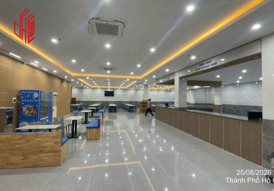  Lắp đặt trần thạch cao và hệ thống đèn chiếu sáng khu vực phòng căn tin mới